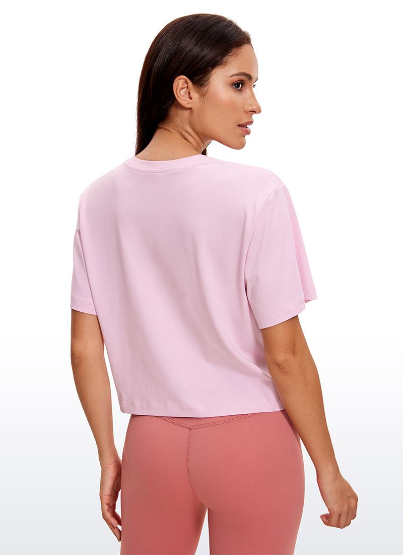 CRZ YOGA Women's Casual Crop Lightweight Short Sleeves Waist length Pink Peony