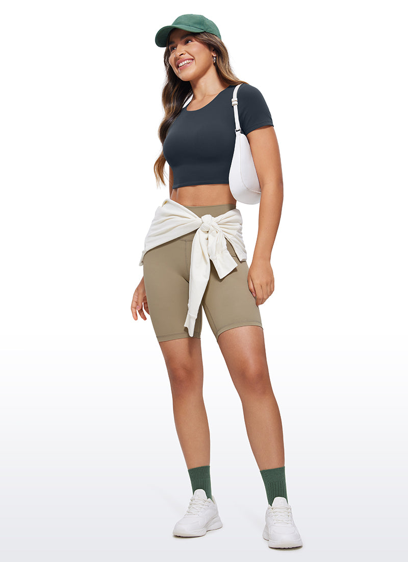 CRZ YOGA Women's Yoga Tight Fit Butterluxe Cropped Short Sleeves True Navy