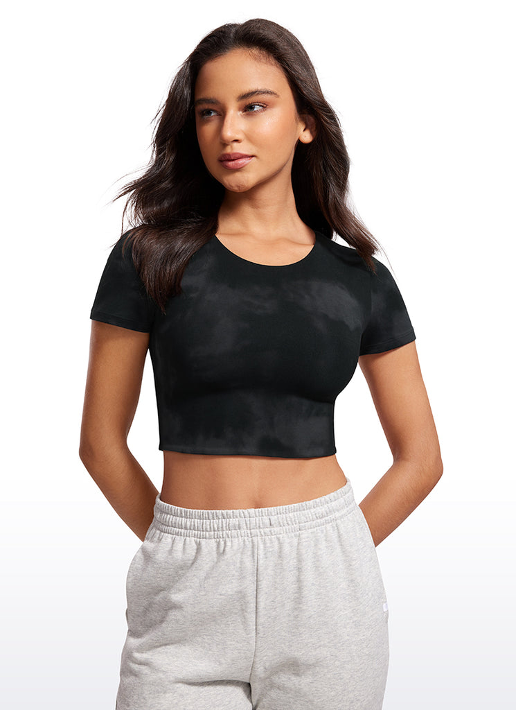 CRZ YOGA Women's Yoga Tight Fit Butterluxe Cropped Short Sleeves True Navy