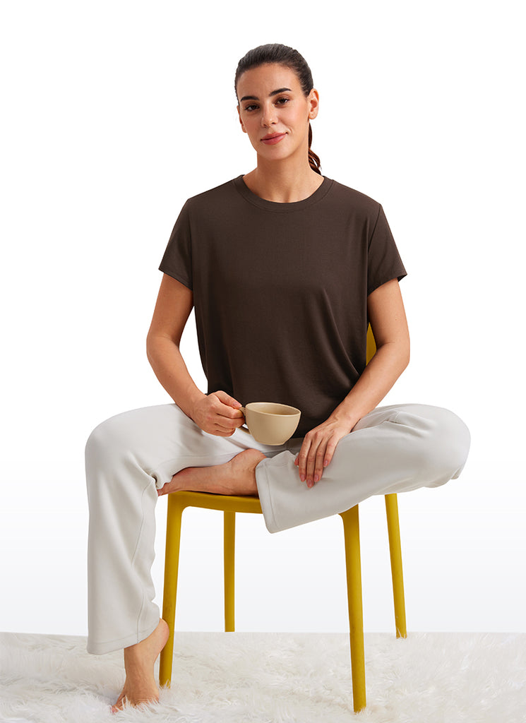 CRZ YOGA Women's Yoga Loose Fit Flowy Short Sleeves Crew Neck Hot Fudge Brown