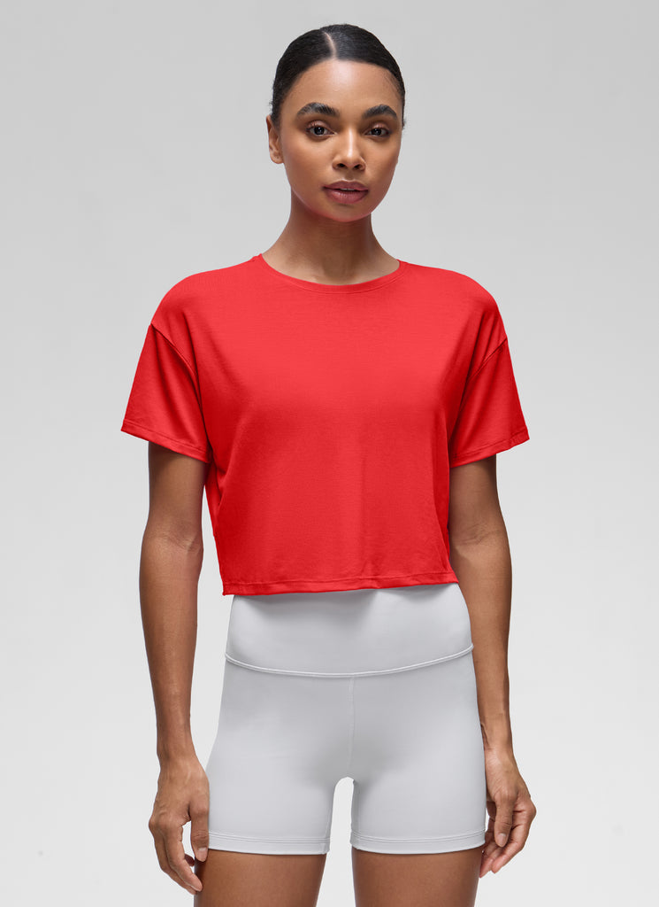 CRZ YOGA Women's Yoga Relaxed Fit Cropped Open Back Short Sleeves Green Jade