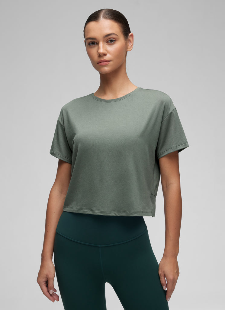 CRZ YOGA Women's Yoga Relaxed Fit Cropped Open Back Short Sleeves Grey Sage