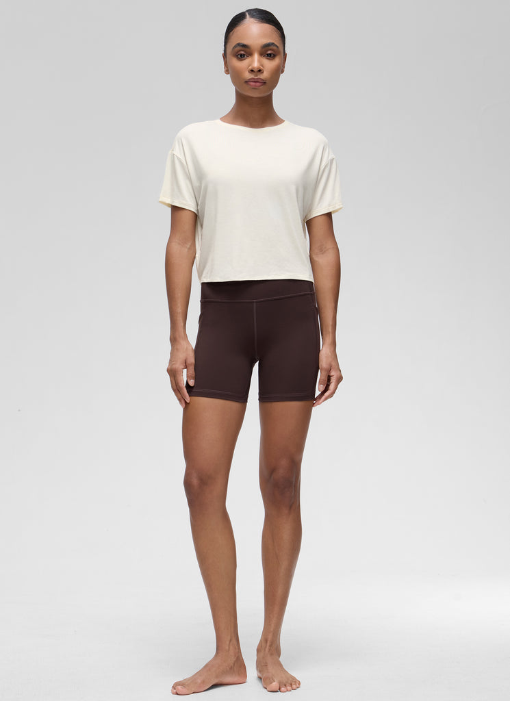 CRZ YOGA Women's Yoga Relaxed Fit Cropped Open Back Short Sleeves White Apricot