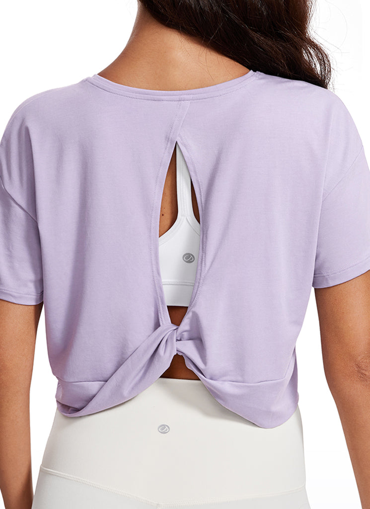 CRZ YOGA Women's Yoga Relaxed Fit Cropped Open Back Short Sleeves Green Jade