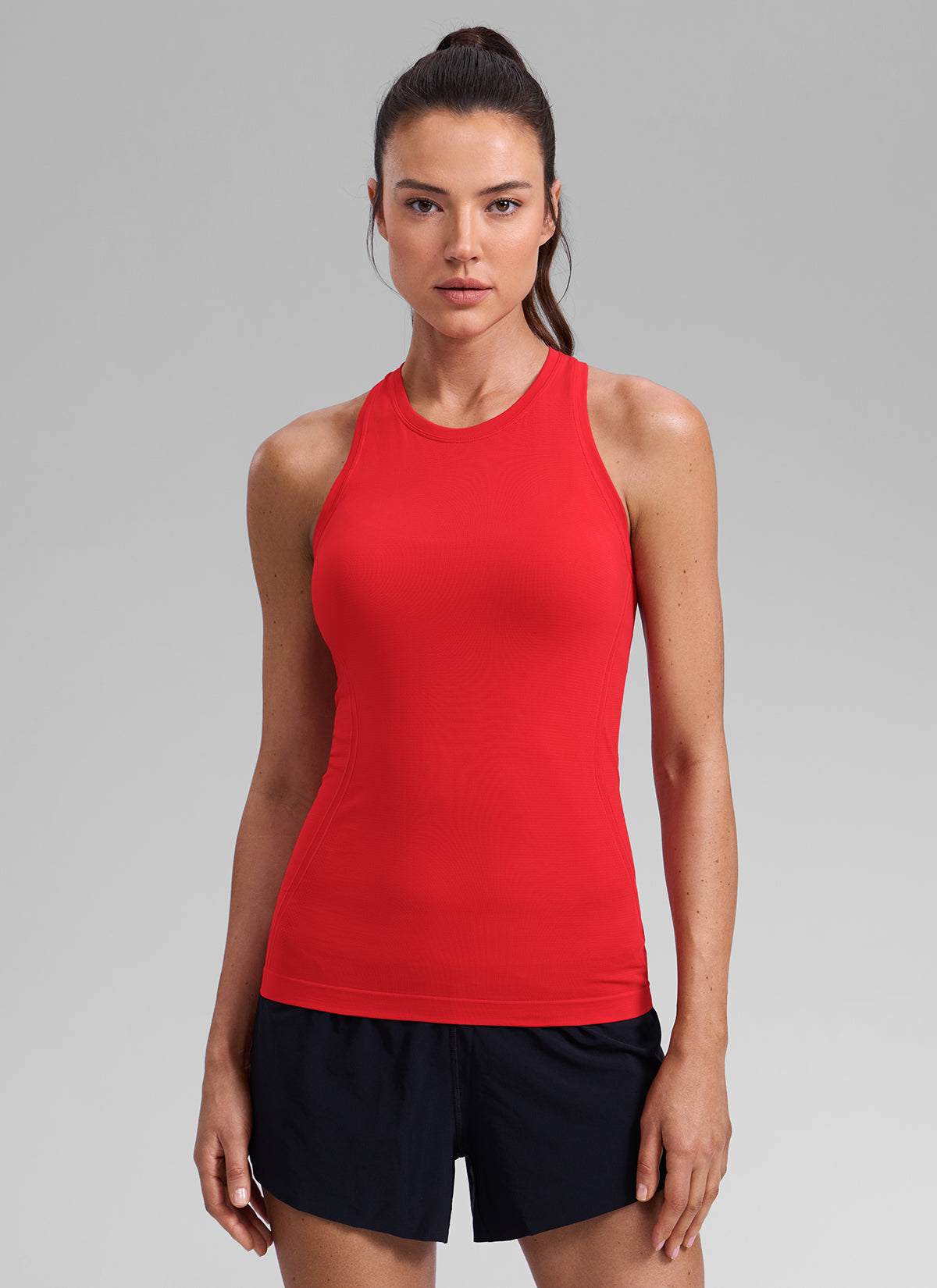 CRZ YOGA Women's Seamless Running Crewneck Racerback Hip Length Tank Deep Red @model_info:Kseniia