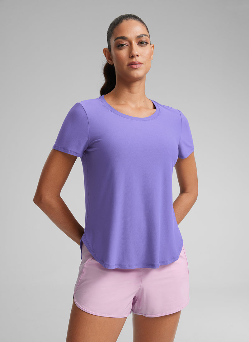 CRZ YOGA Women's Workout Lightweight Crewneck Short Sleeves Side Slit Dark Lavender Purple
