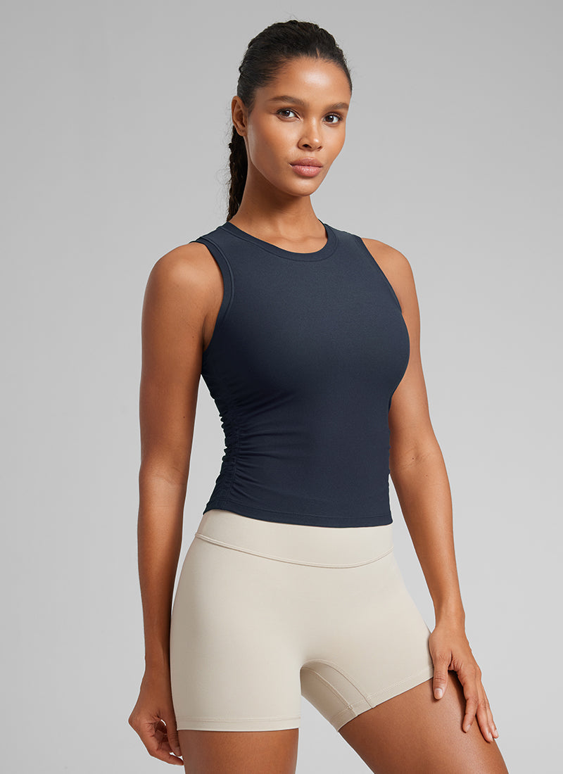 CRZ YOGA Women's Workout Tight Fit Ruched Athletic Tank High Neck True Navy
