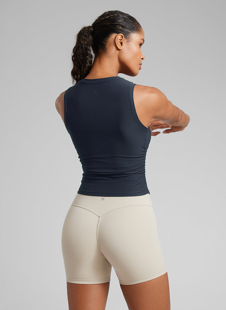 CRZ YOGA Women's Workout Tight Fit Ruched Athletic Tank High Neck Coffee Brown