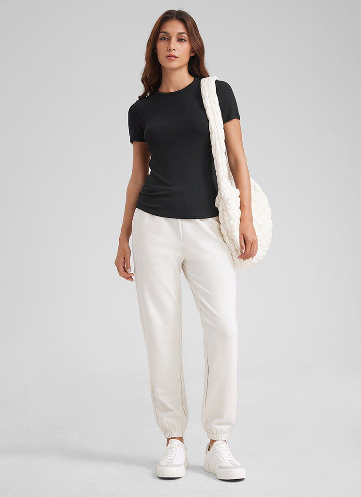 CRZ YOGA Womens Fitted Casual Ribbed Modal Crew Neck Short Sleeves Black