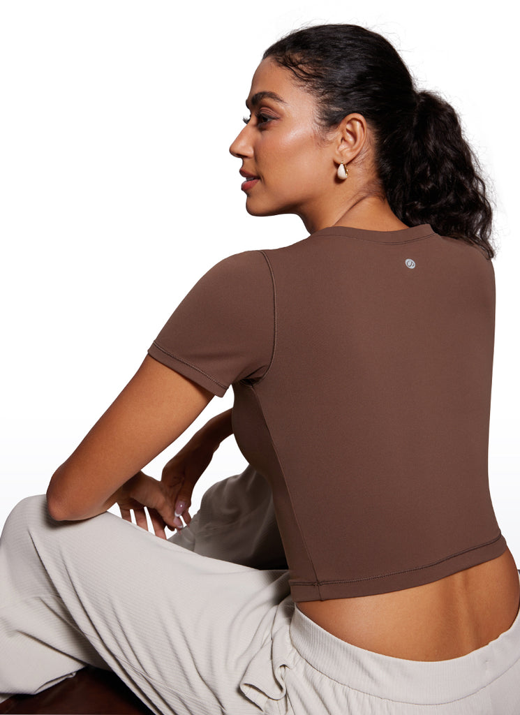 CRZYOGA Women's Slim Fit Scoop Neck Cropped Short Sleeves True Navy