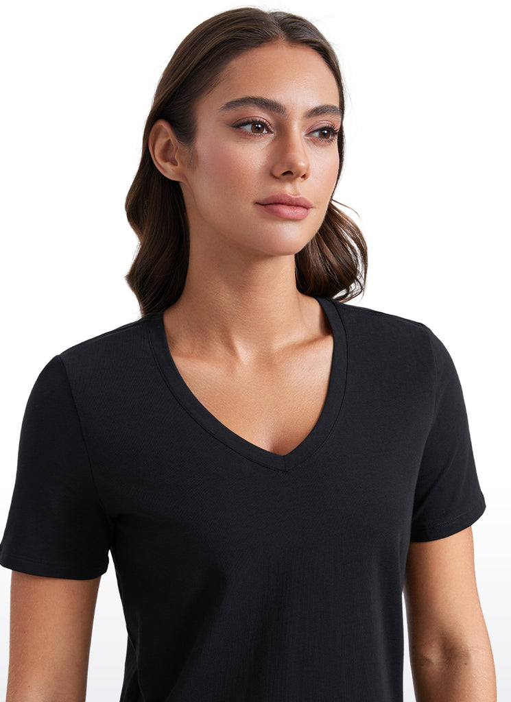 CRZ YOGA Women's Yoga Relaxed Fit Pima Cotton Short Sleeves V Neck Black