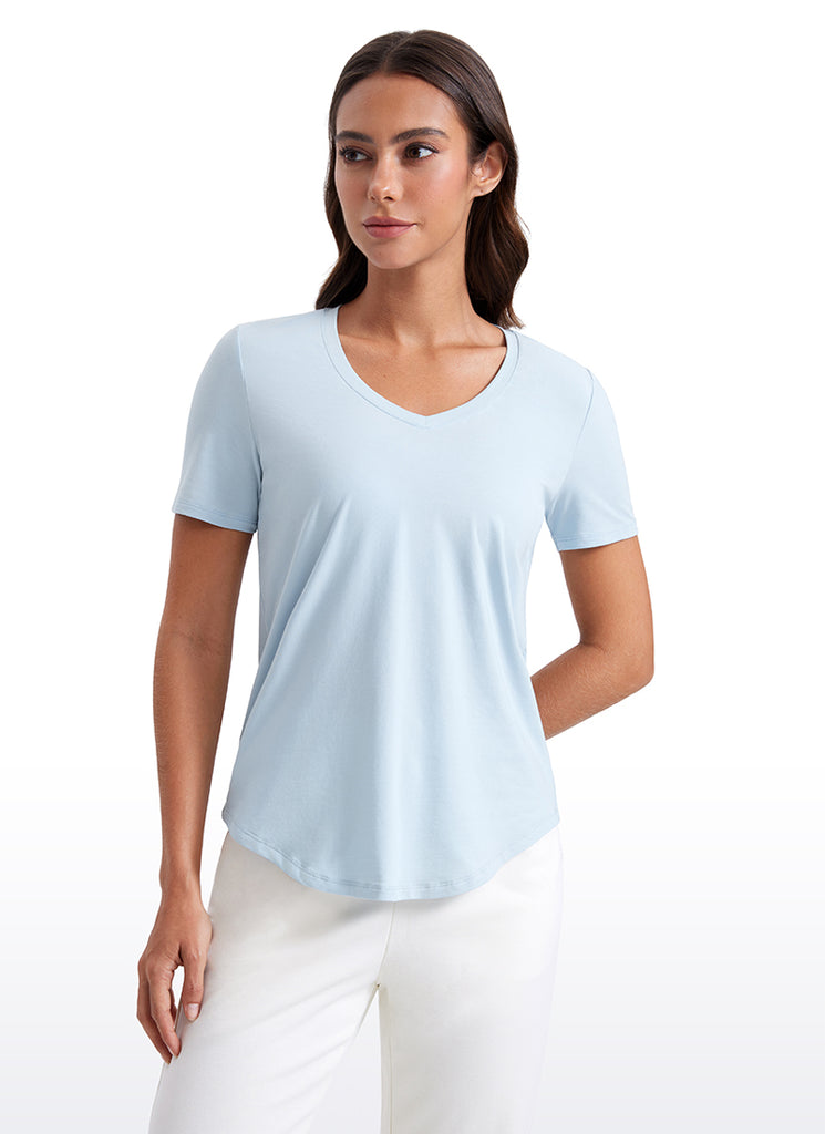 CRZ YOGA Women's Yoga Relaxed Fit Pima Cotton Short Sleeves V Neck Sparkle Blue