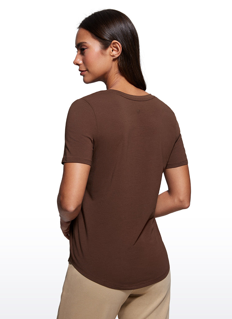 CRZ YOGA Women's Yoga Relaxed Fit Pima Cotton Short Sleeves V Neck True Navy