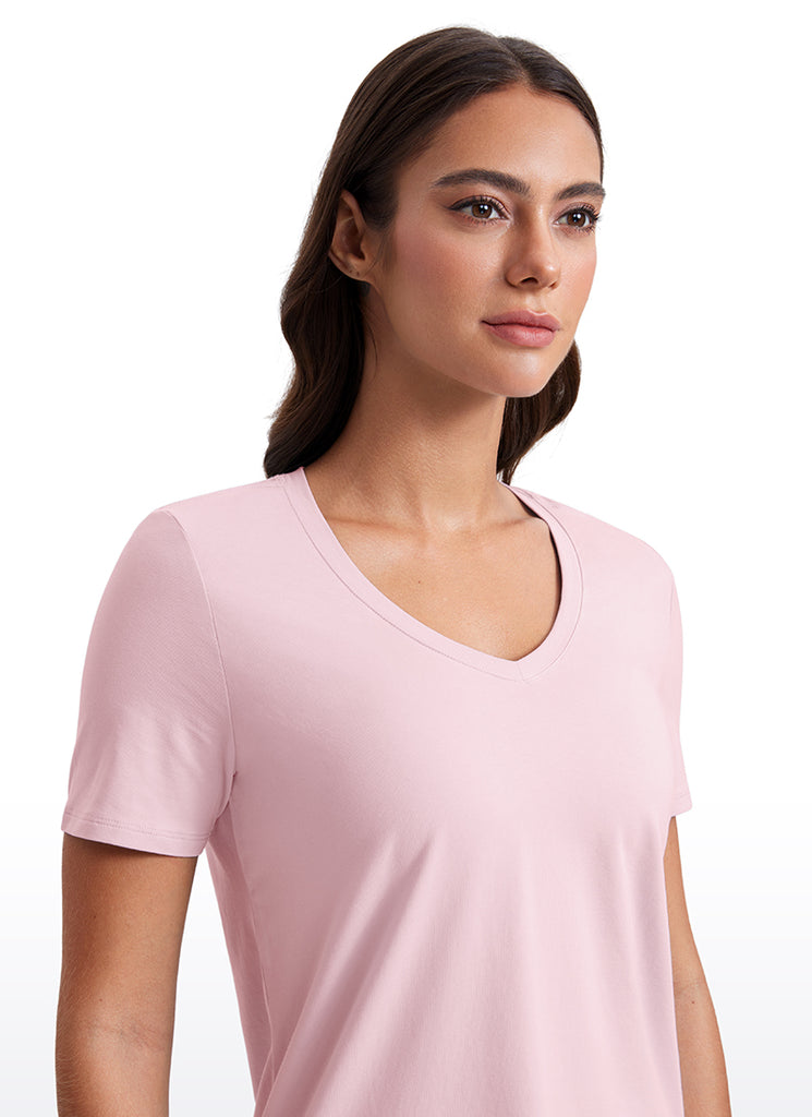 CRZ YOGA Women's Yoga Relaxed Fit Pima Cotton Short Sleeves V Neck Blue Linen