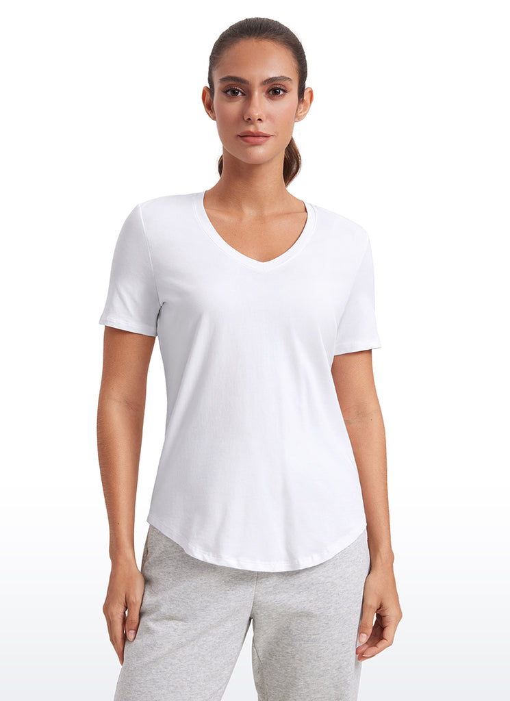 CRZ YOGA Women's Yoga Relaxed Fit Pima Cotton Short Sleeves V Neck Black