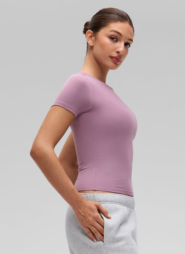 CRZ YOGA Women Going Out Tops Soft High Crew Neck Casual Tight Shirts Light Lavender