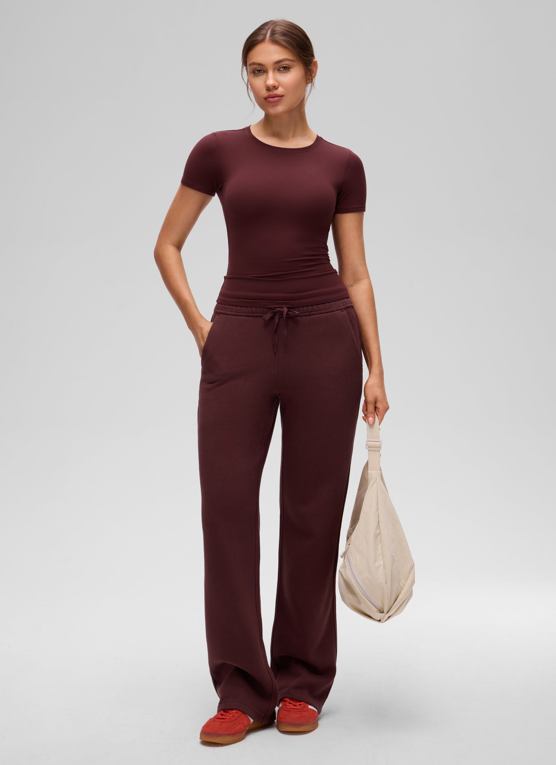 CRZ YOGA Women's Going Out Tops Soft High Crew Neck Casual Tight Shirts Red Merlot @model_info:Valeria
