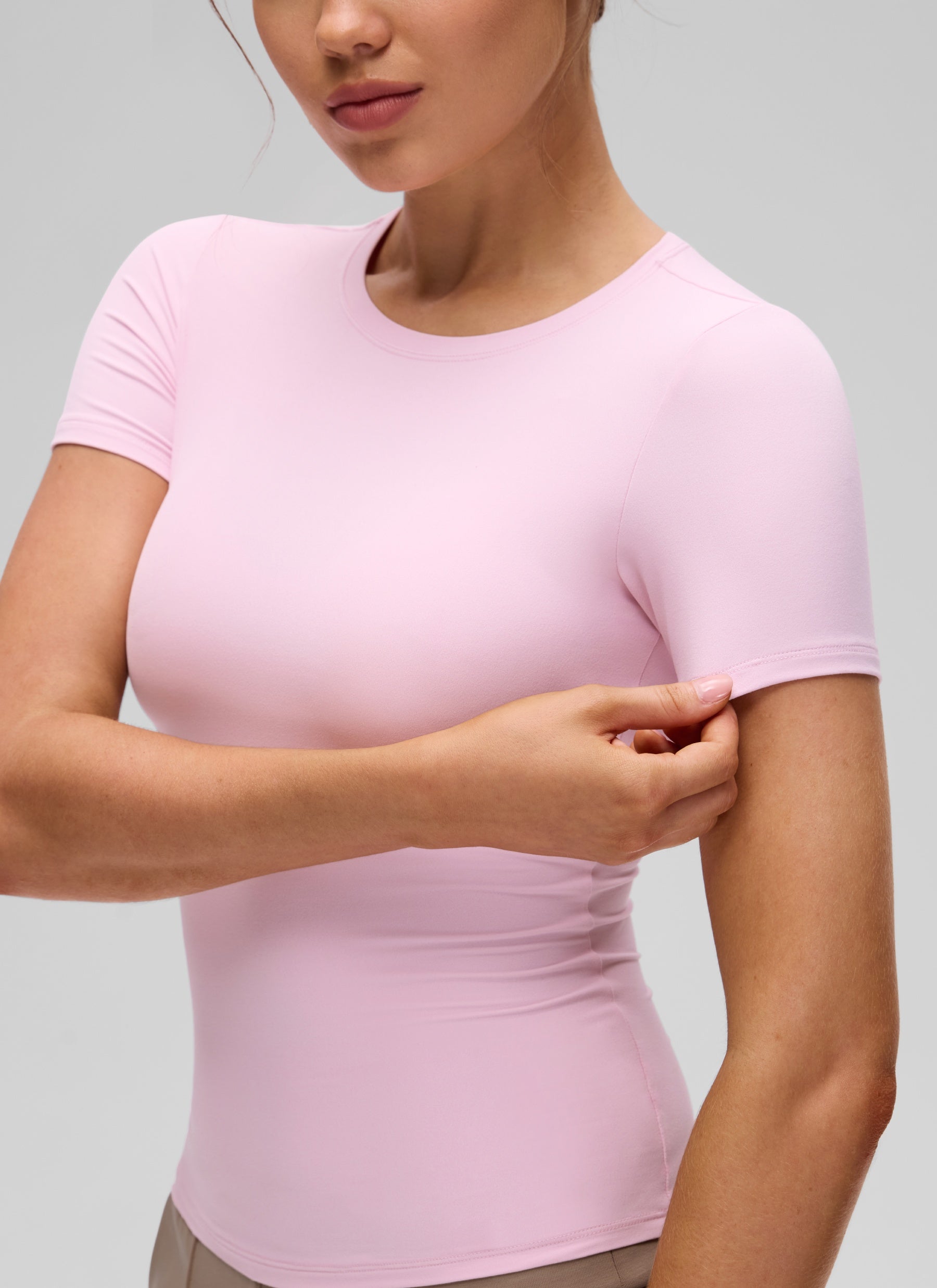 CRZ YOGA Women Going Out Tops Soft High Crew Neck Casual Tight Shirts Pink Peony