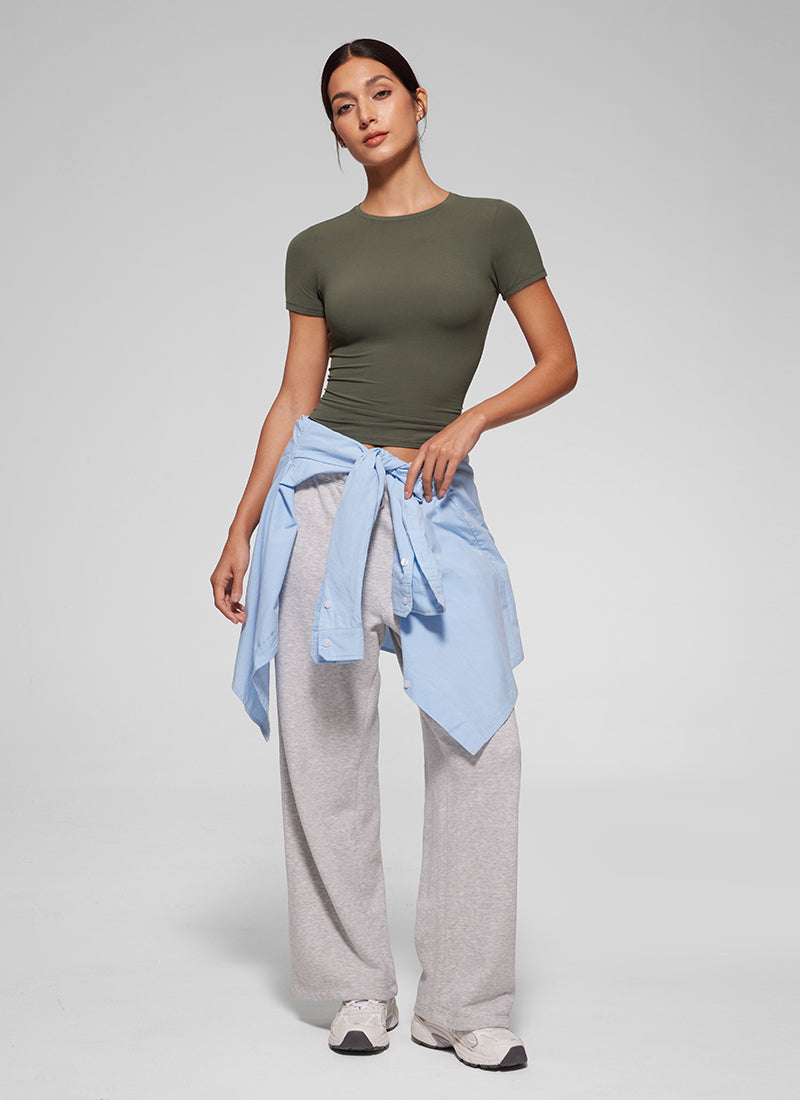 CRZ YOGA Women Going Out Tops Soft High Crew Neck Casual Tight Shirts Light Army Green