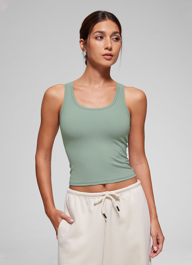 CRZ YOGA Women Softembrace Soft Double Lined Scoop Neck Tanks Casual Tops Green Palm Court