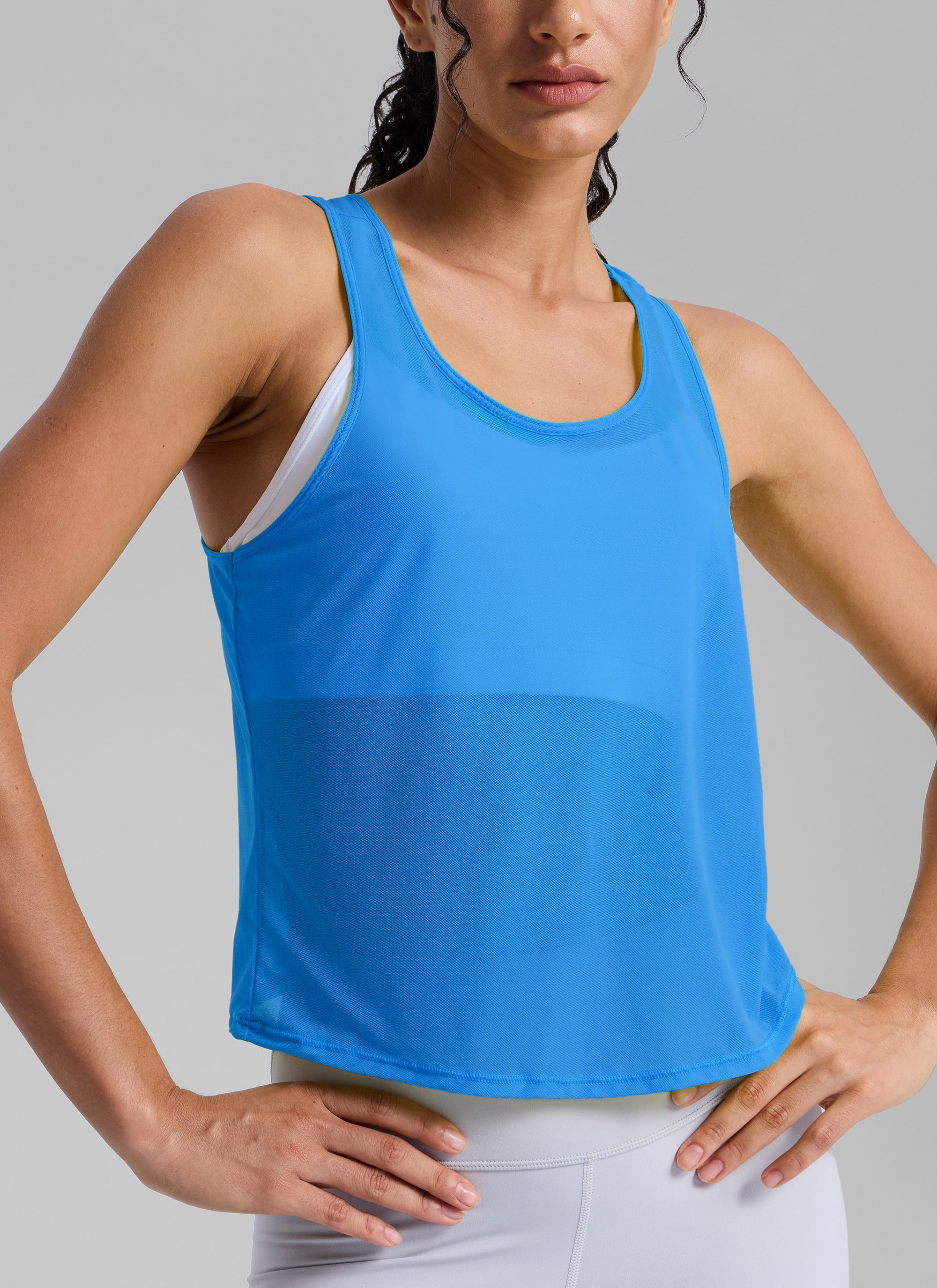 CRZ YOGA Women's Yoga Mesh Relaxed Fit Tops U Neck Tank Poolside Blue
