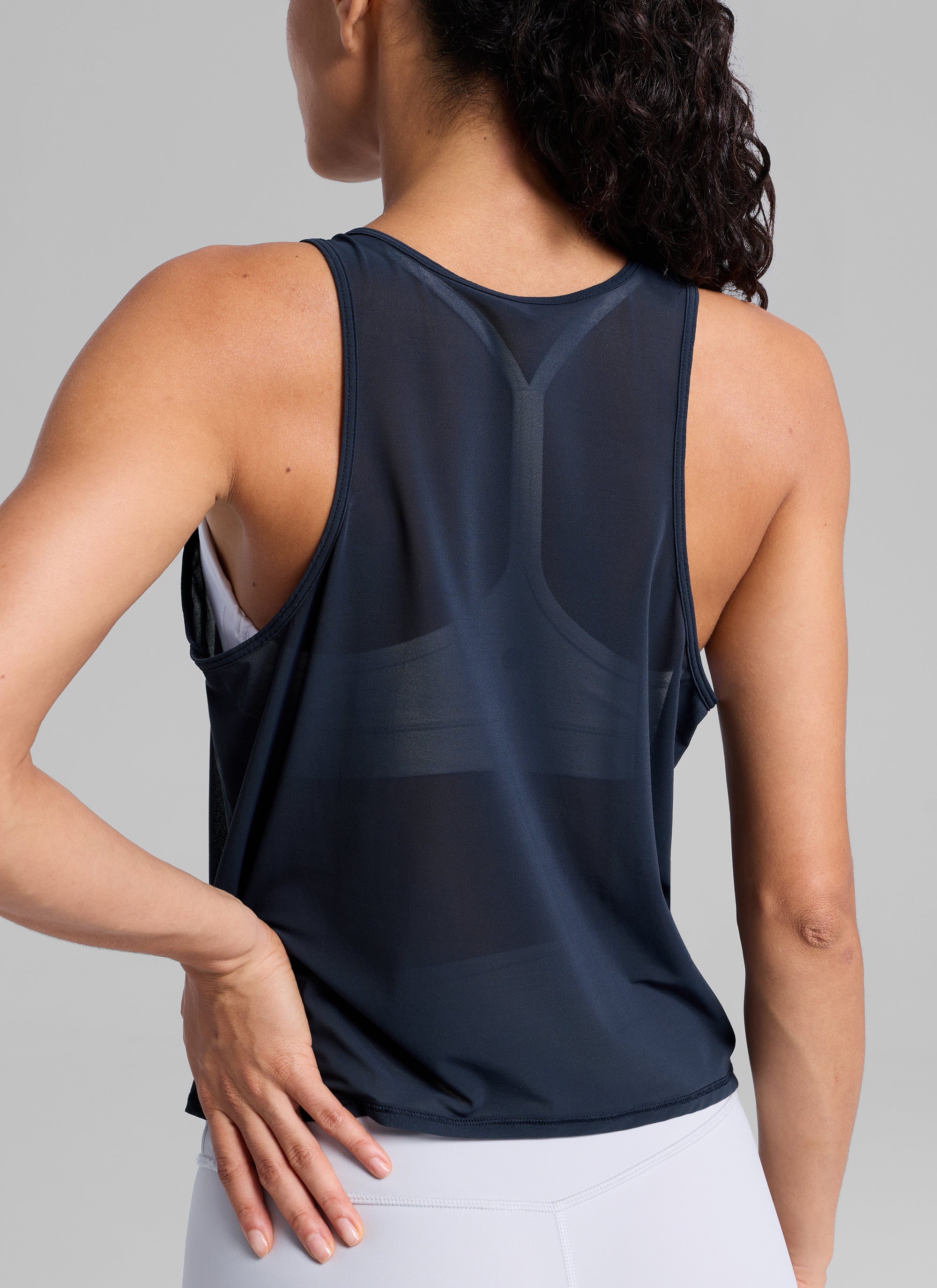 CRZ YOGA Women's Yoga Mesh Relaxed Fit Tops U Neck Tank Twilight Blue