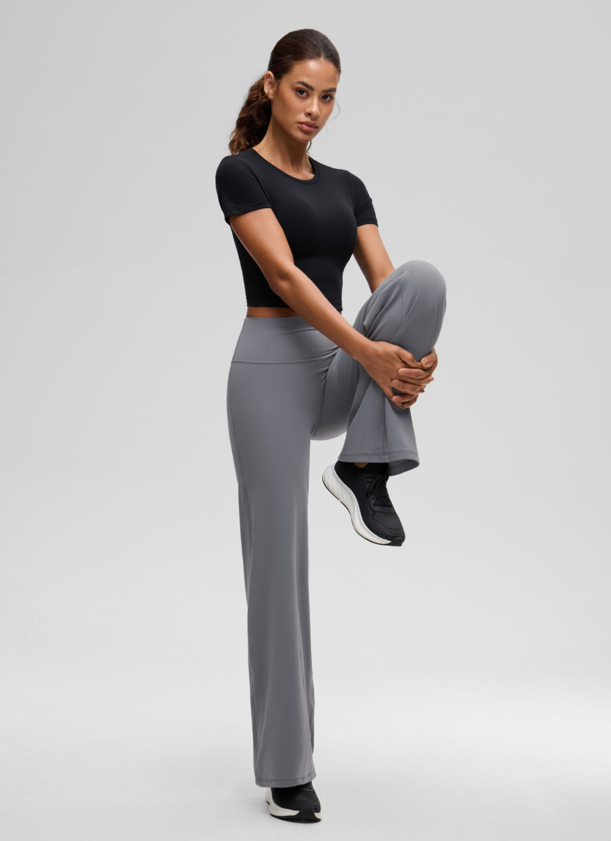 CRZ YOGA Women's Softembrace Casual Crewneck Crop Short Sleeve Black @model_info:J