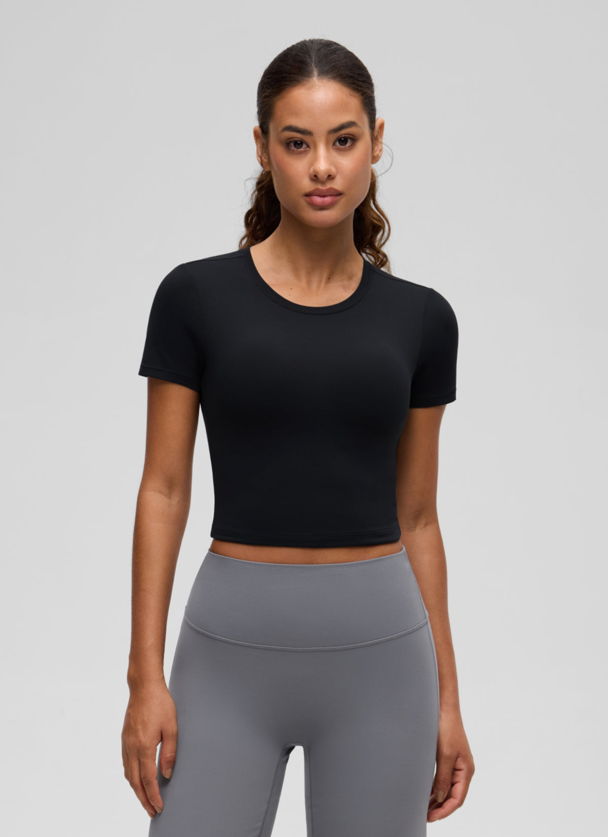 CRZ YOGA Women's Softembrace Casual Crewneck Crop Short Sleeve Black @model_info:J