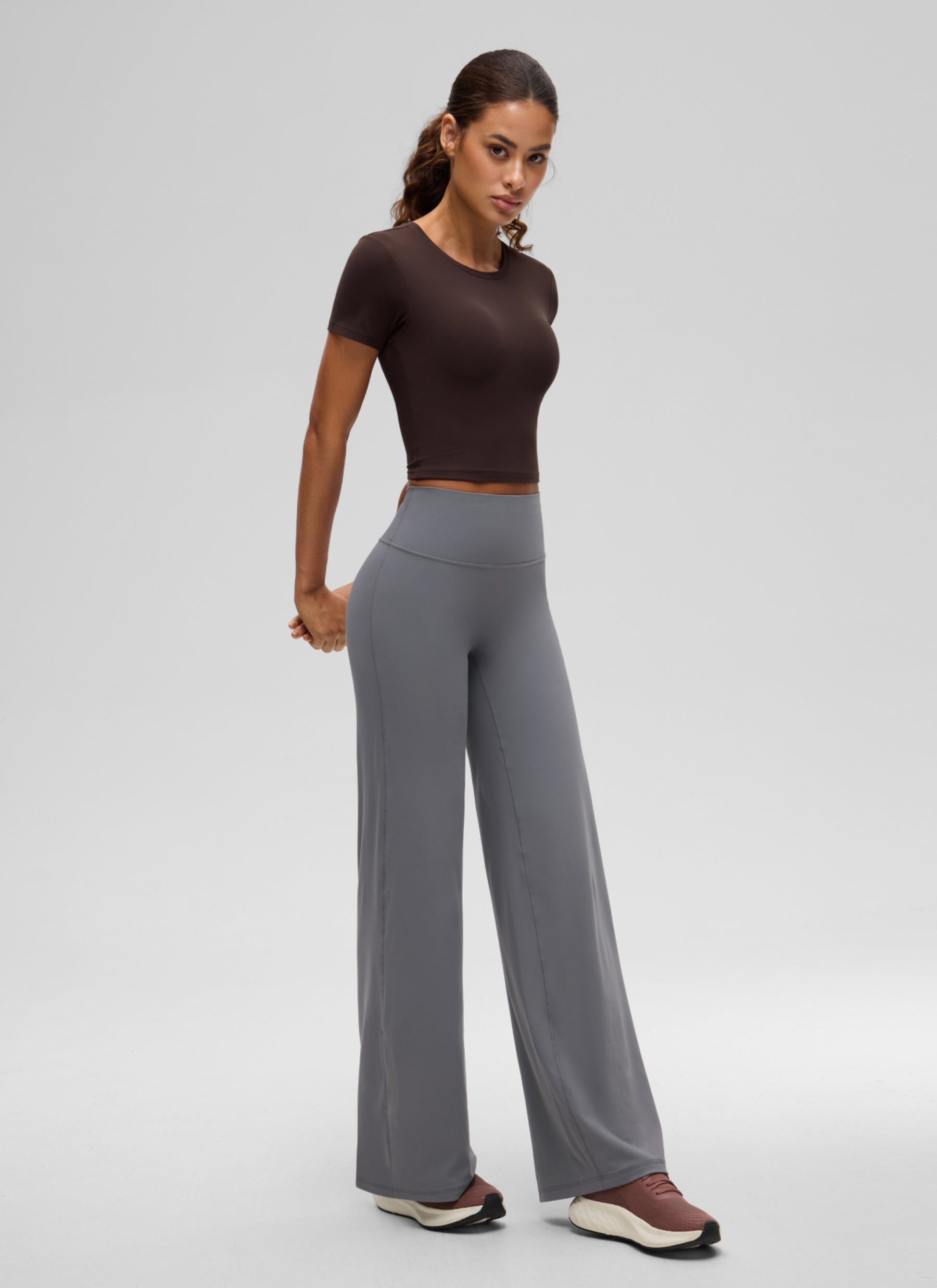 CRZ YOGA Women's Softembrace Casual Crewneck Crop Short Sleeve Hot Fudge Brown