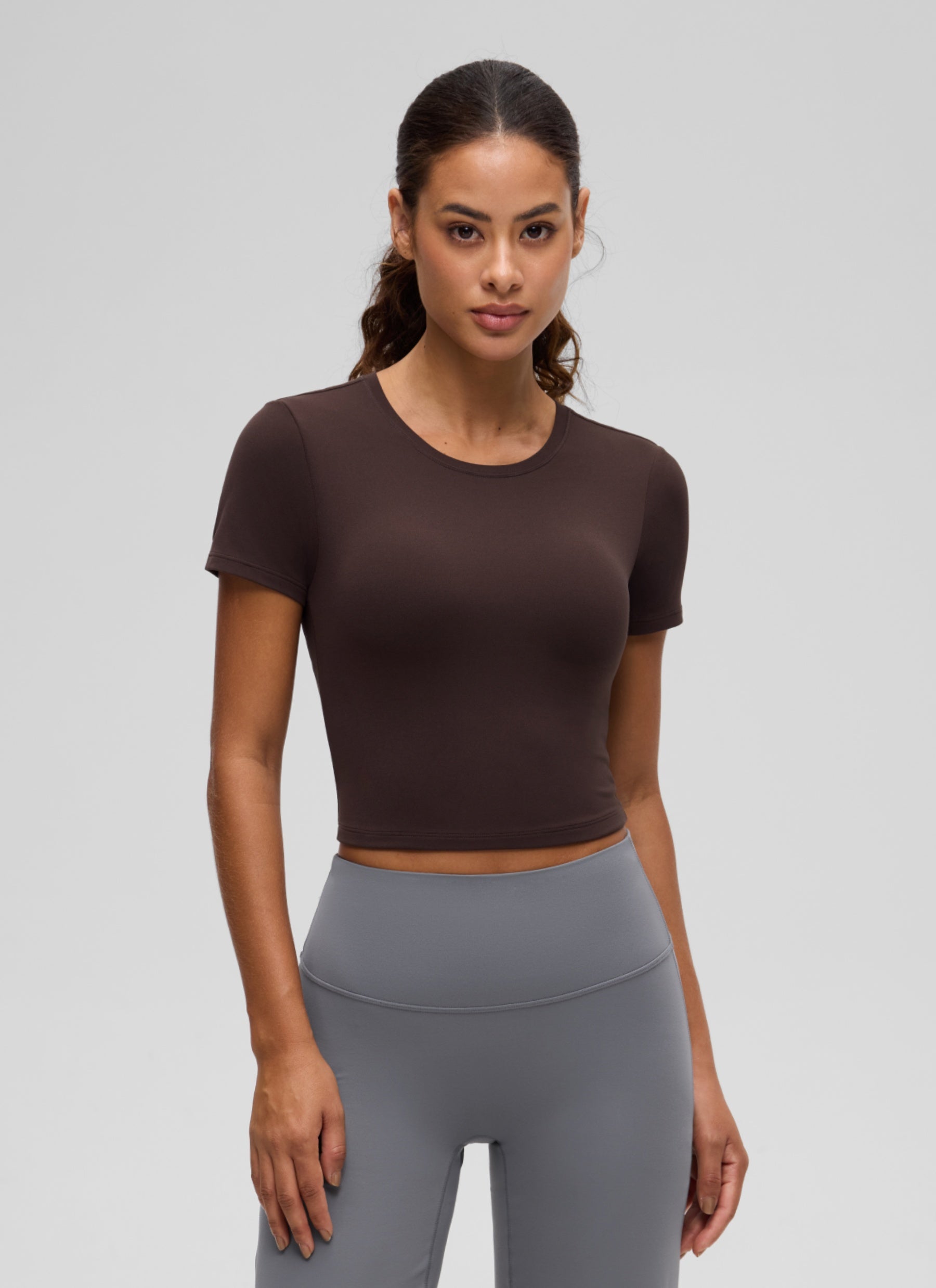 CRZ YOGA Women's Softembrace Casual Crewneck Crop Short Sleeve Hot Fudge Brown