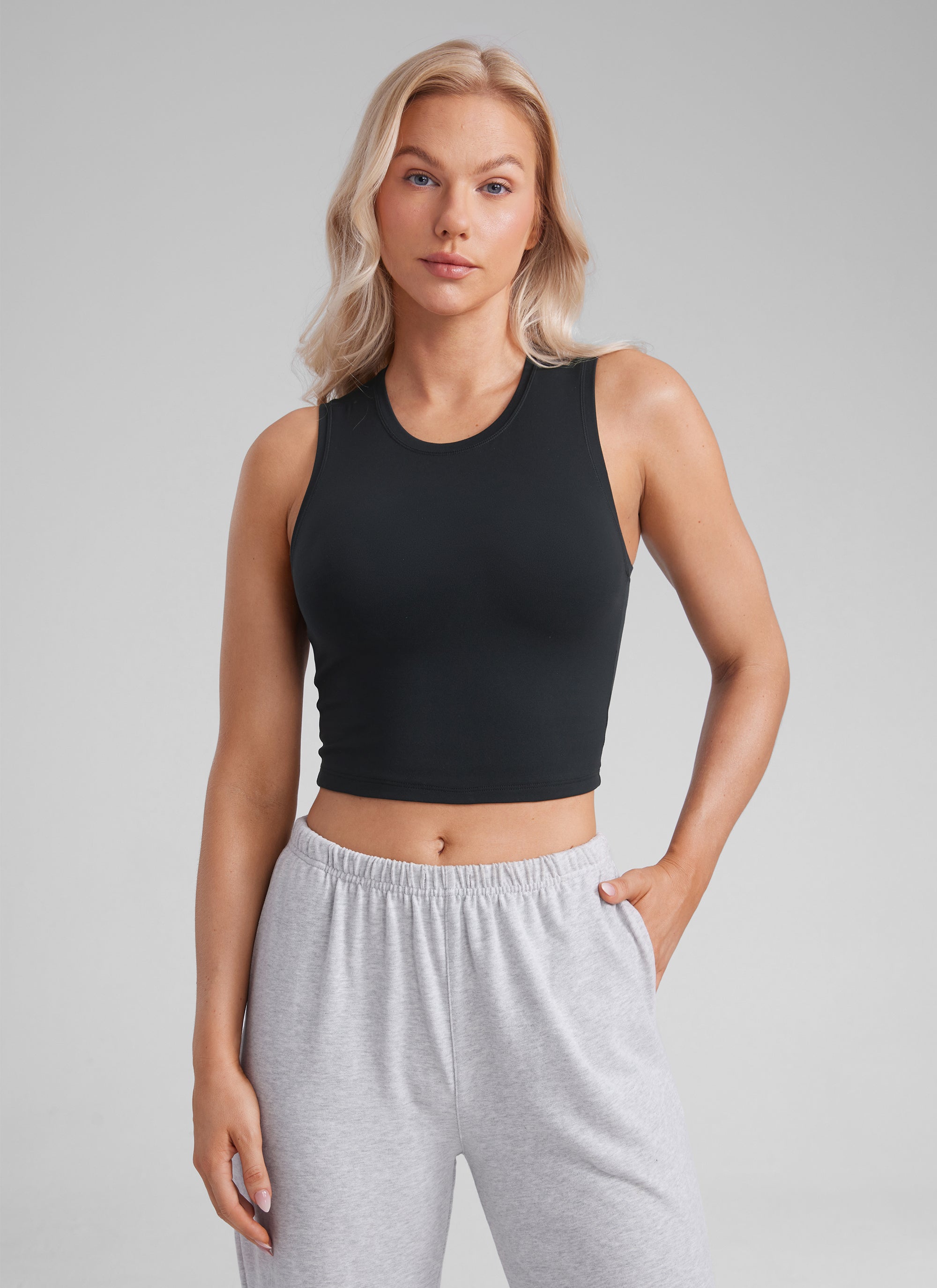 CRZ YOGA Women Crop Casual Double Lined High Neck Sleeveless Tanks