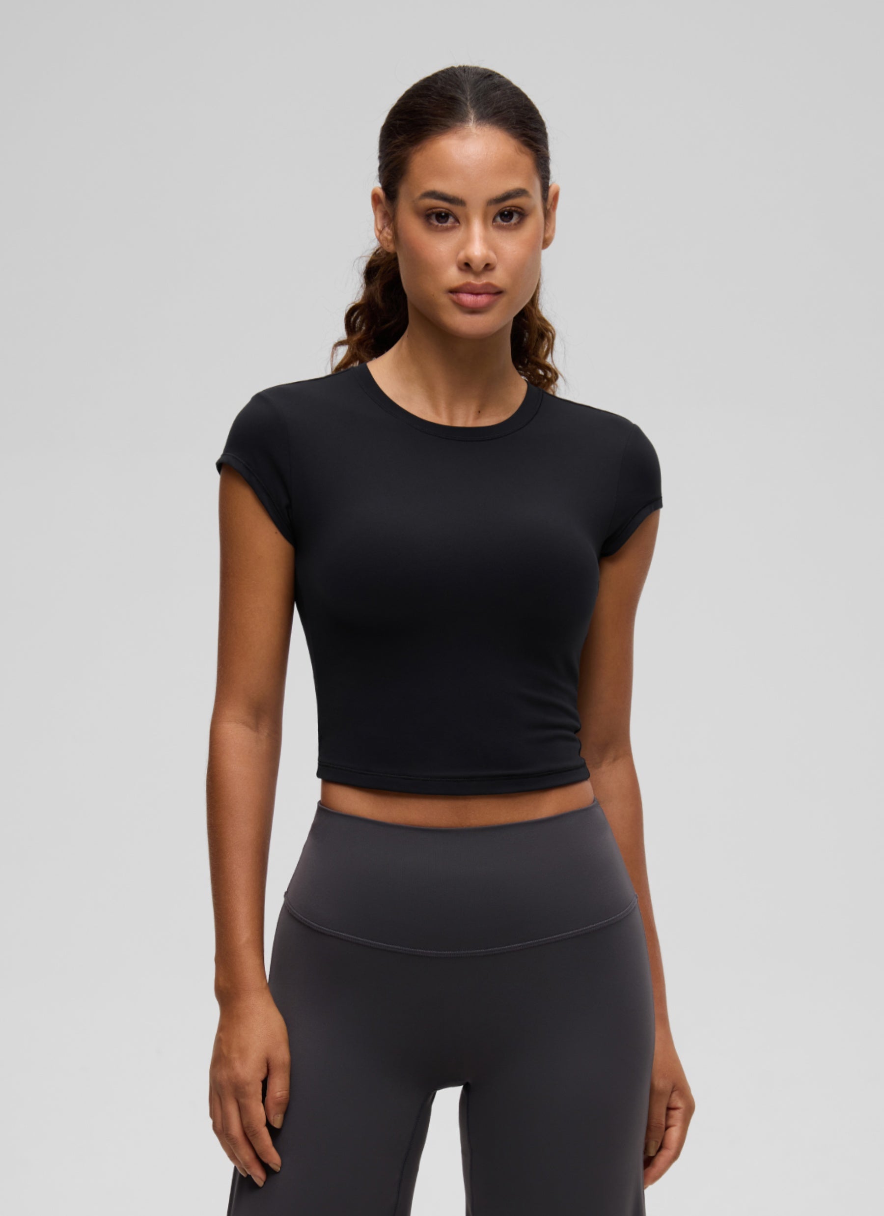 CRZ YOGA Women's Softembrace Casual Crop Double Lined Cap Sleeve Tops Black