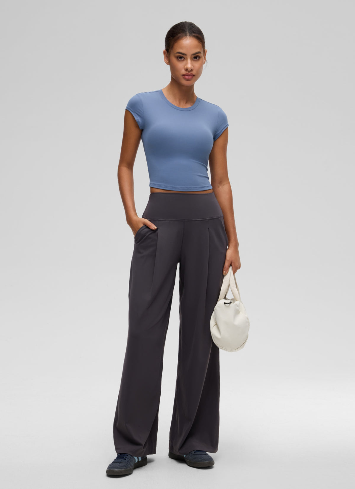 CRZ YOGA Women's Softembrace Casual Crop Double Lined Cap Sleeve Tops Oasis Blue @model_info:J