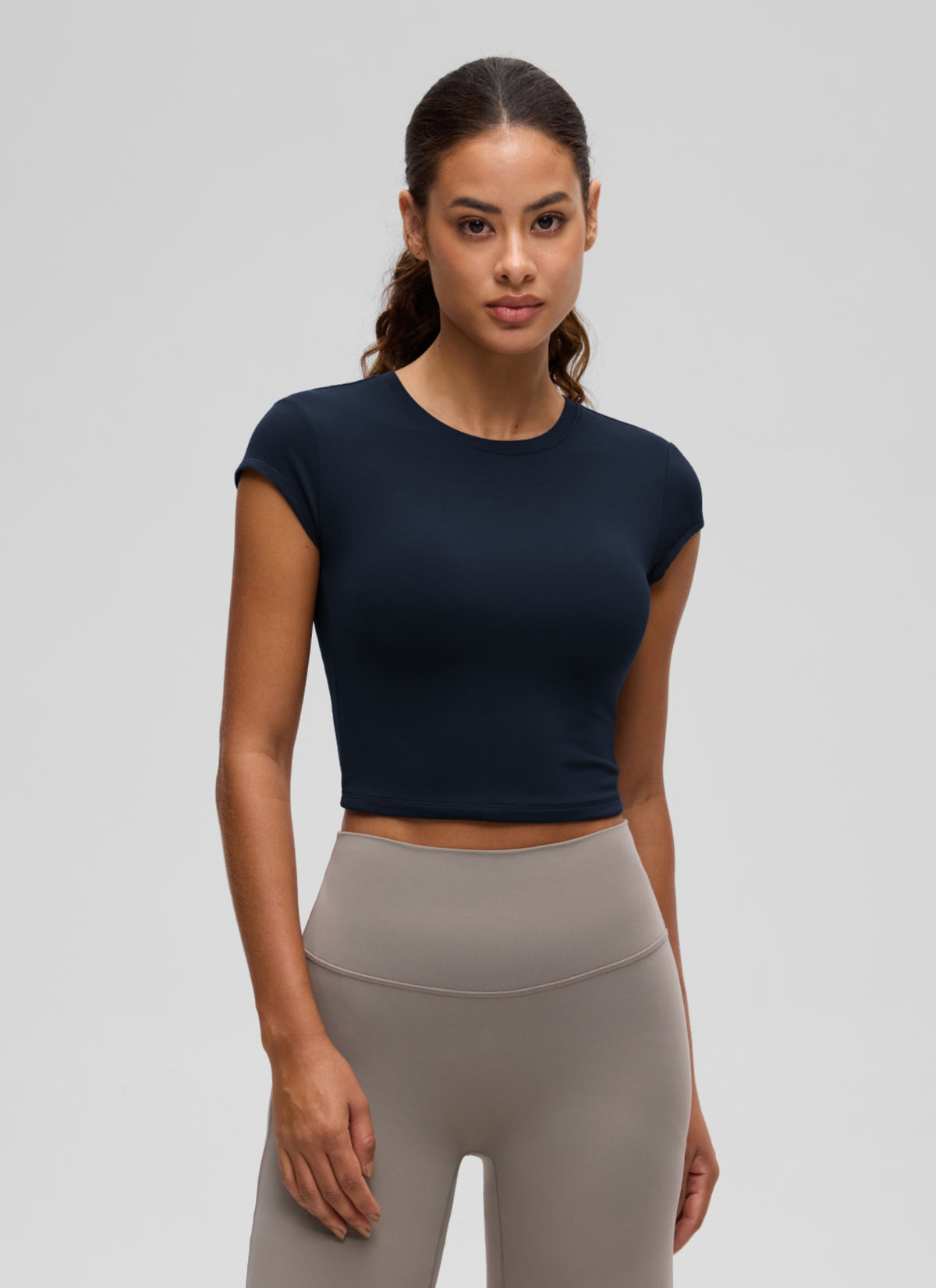 CRZ YOGA Women's Softembrace Casual Crop Double Lined Cap Sleeve Tops True Navy @model_info:J