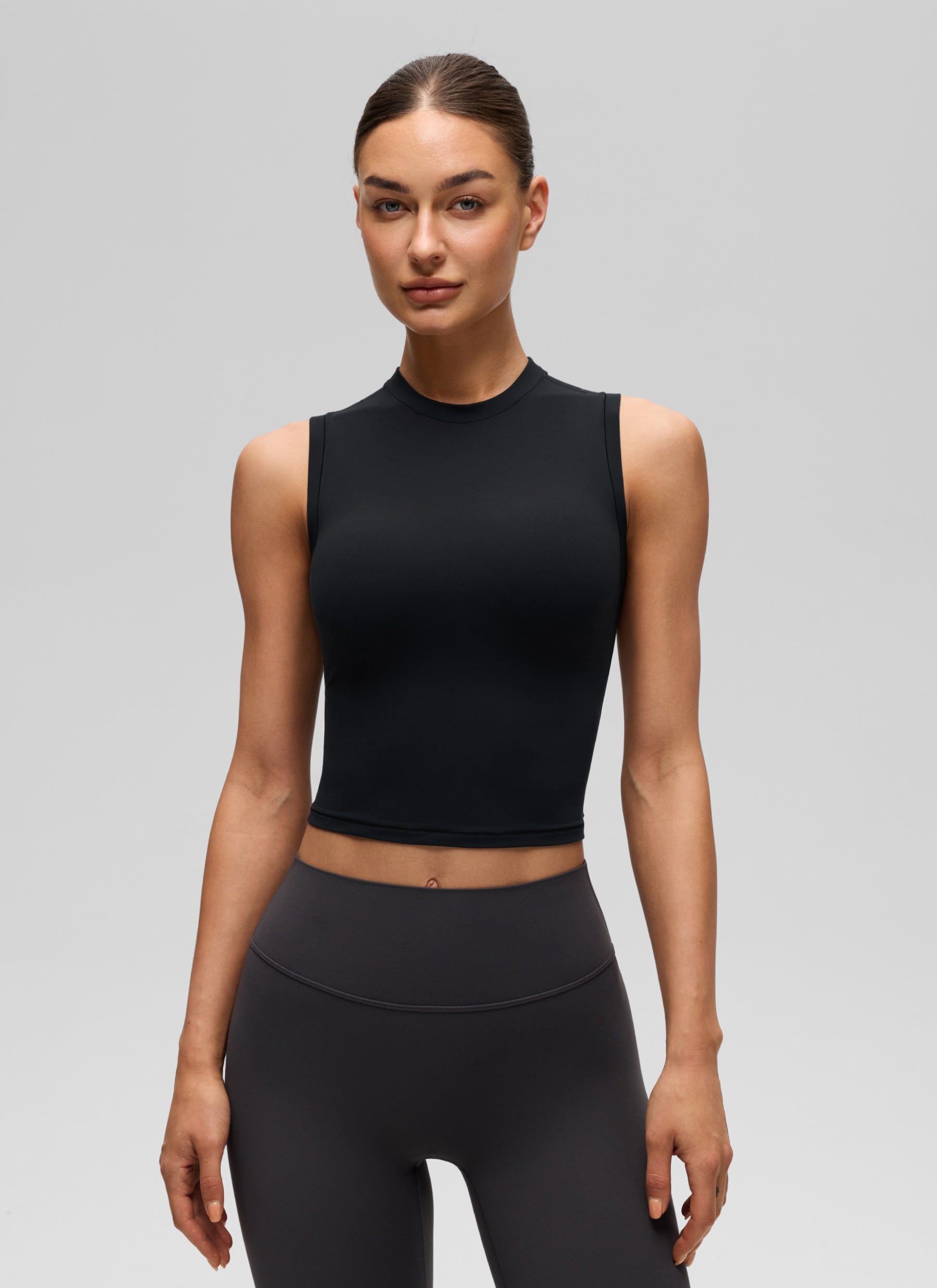 CRZ YOGA Women's Softembrace Casual Crop High Neck Tight Crewneck Tank Black