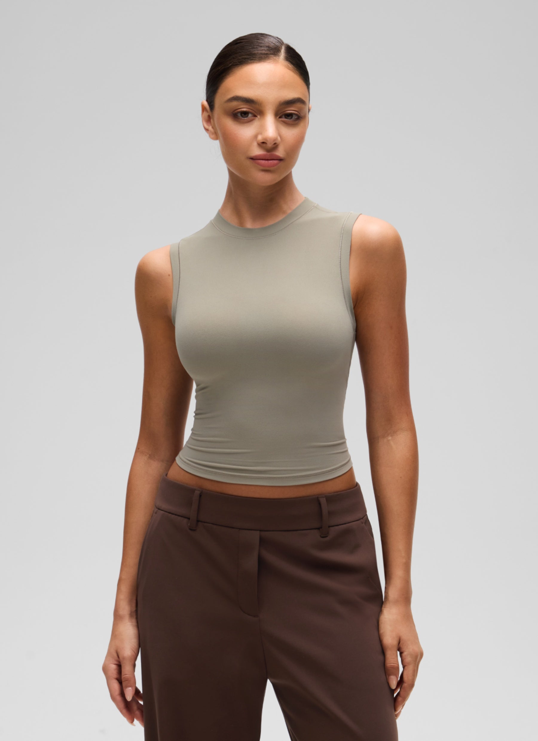 CRZ YOGA Women's Softembrace Casual Crop High Neck Tight Crewneck Tank Warm Ash Grey @model_info:A