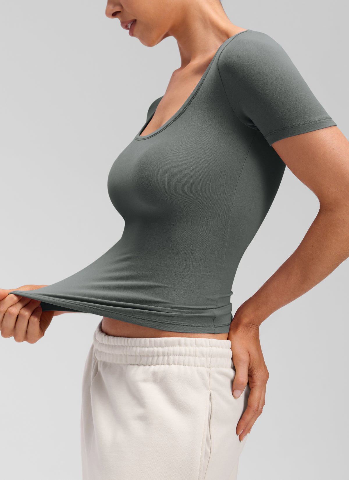 CRZ YOGA Women's Softembrace Casual U Neck Tight Fit Short Sleeve Grey Sage