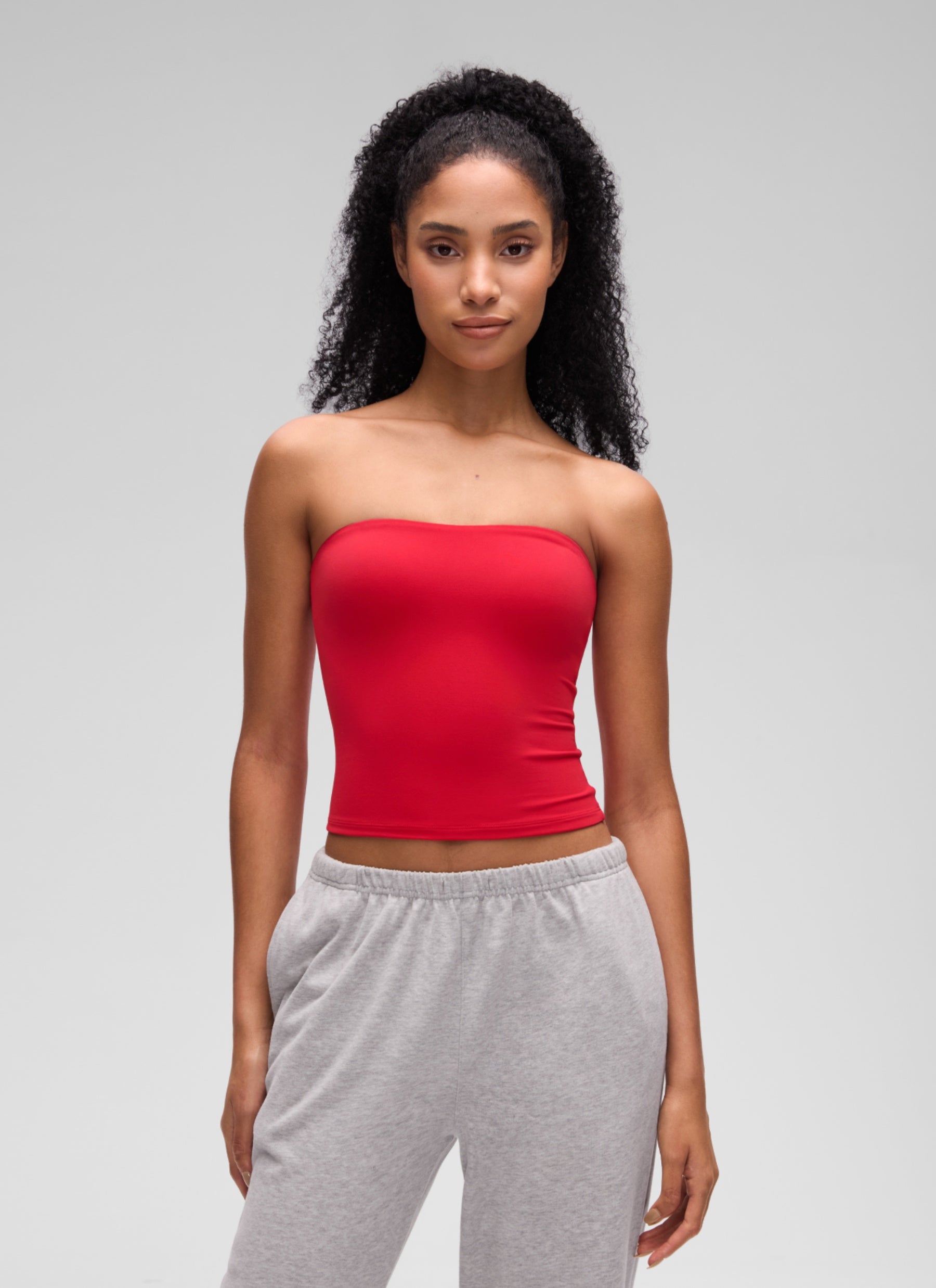 CRZ YOGA Women's Softembrace Casual Double Lined Crop Strapless Top Aurora Red