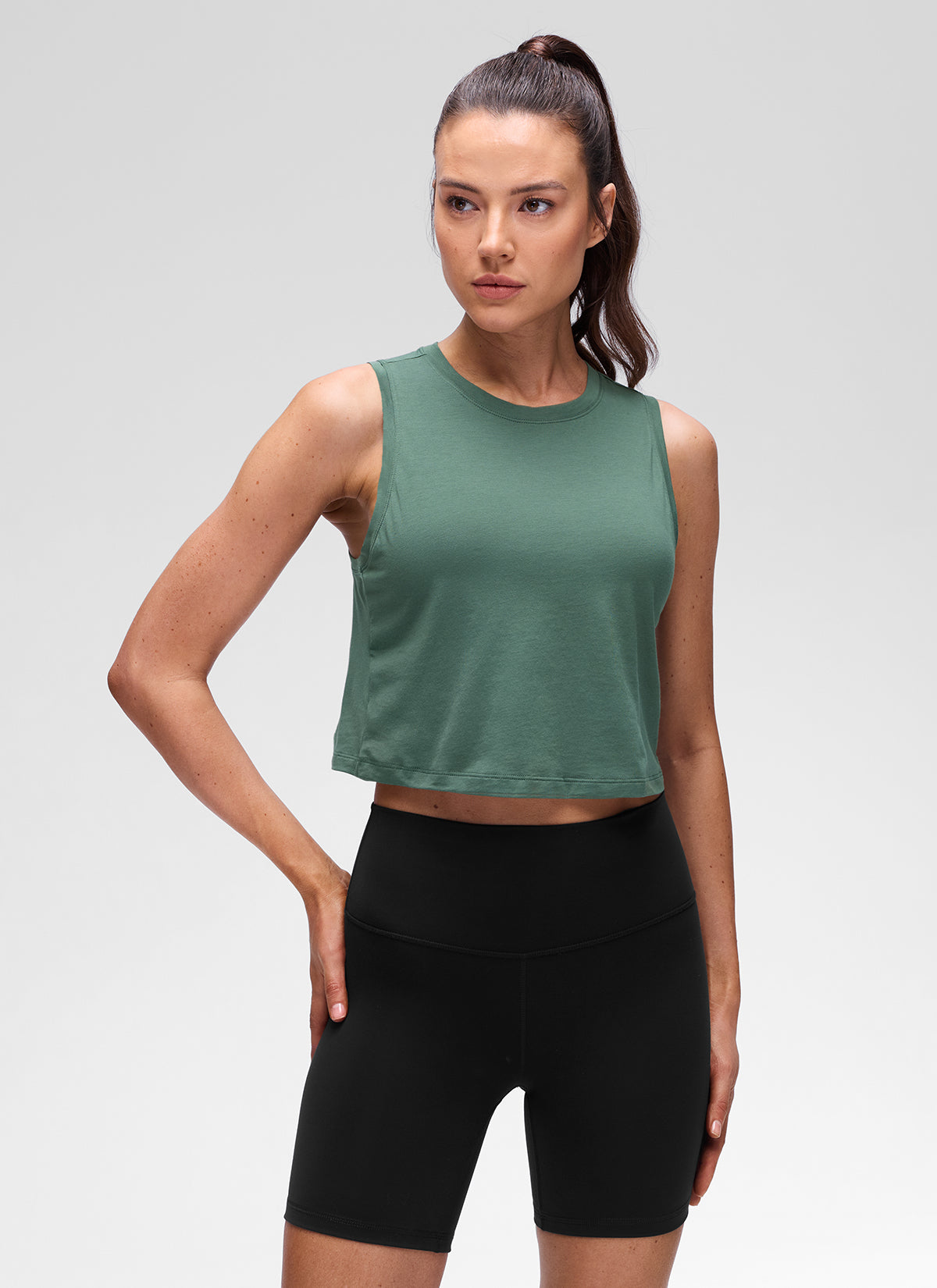 CRZ YOGA Women's Pima Cotton Casual Crewneck RacerBack Crop Tank Graphite Green