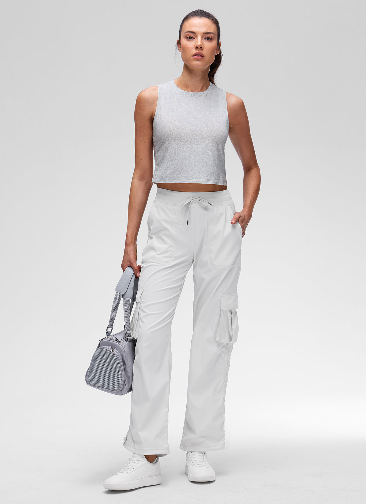 CRZ YOGA Women's Pima Cotton Casual Crewneck RacerBack Crop Tank Light Grey Heather @model_info:Kseniia