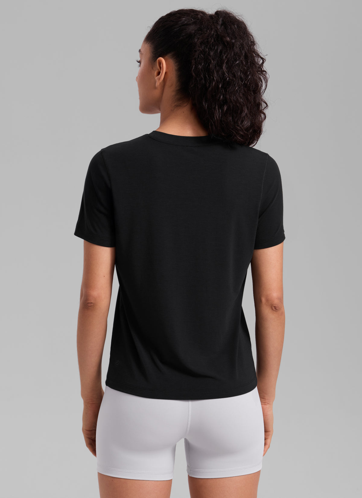 CRZ YOGA Women's Quick Dry Workout Crewneck Hip Length Short Sleeve Black