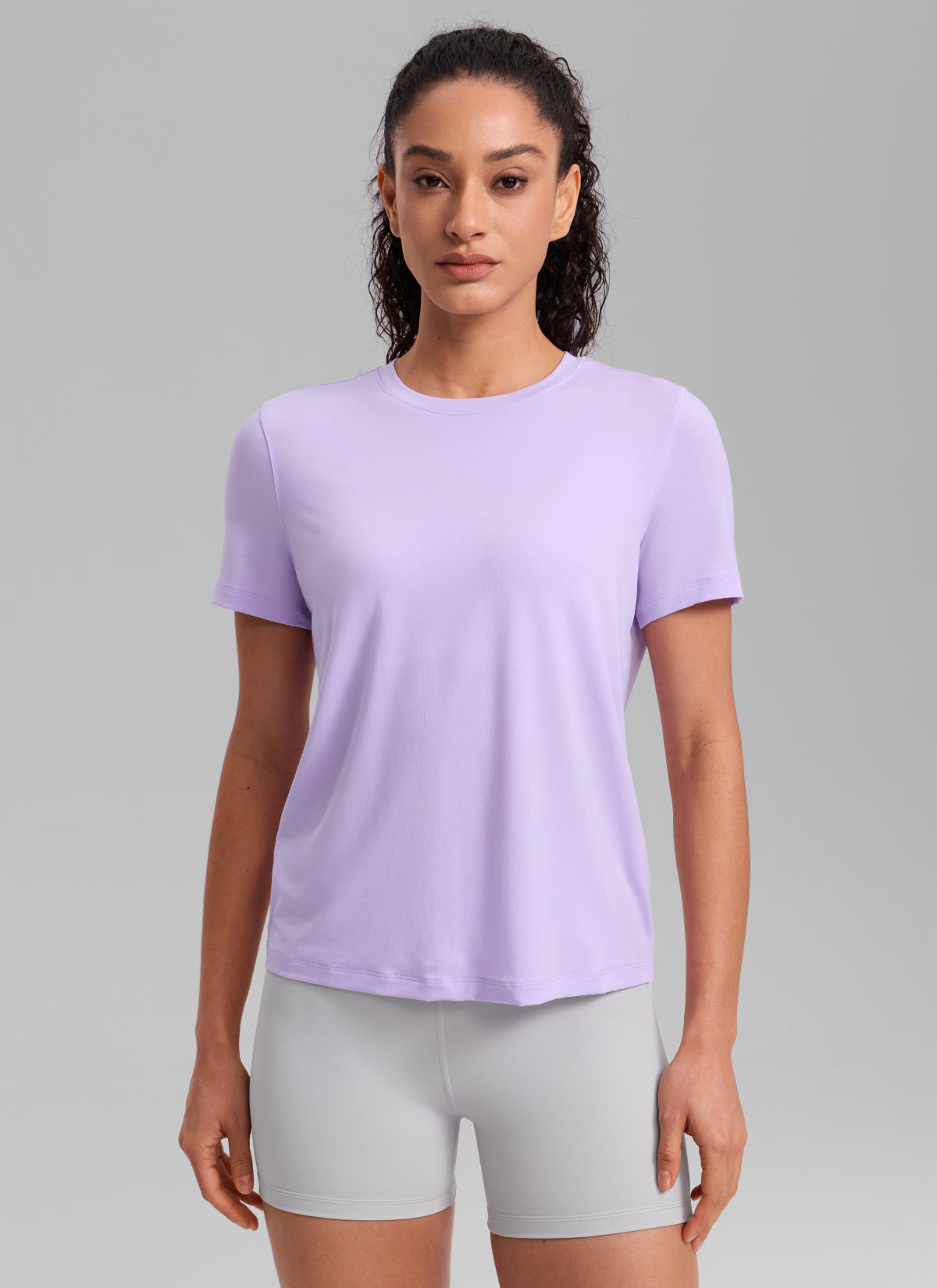 CRZ YOGA Women's Quick Dry Workout Crewneck Hip Length Short Sleeve Lavender Frost
