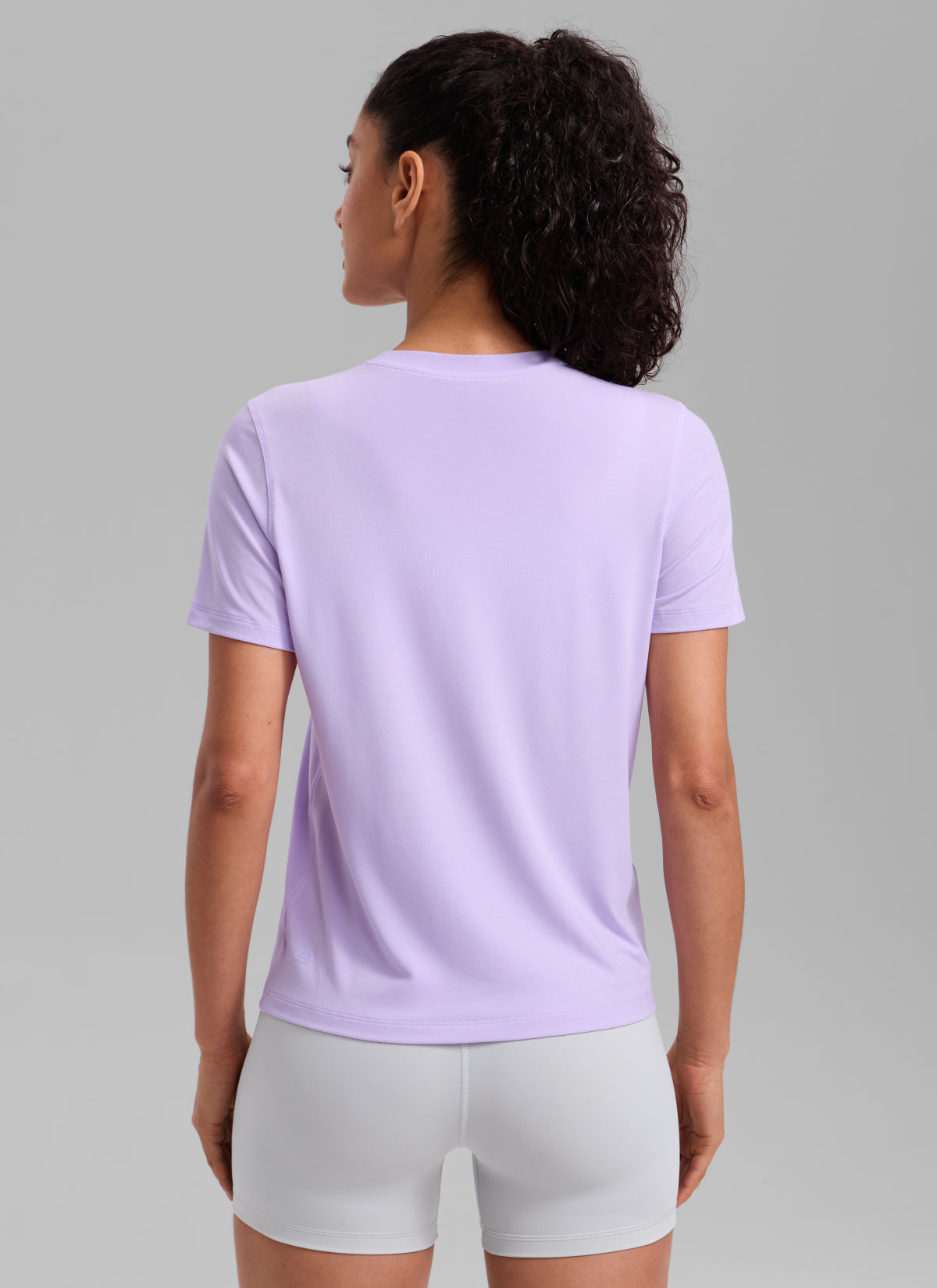 CRZ YOGA Women's Quick Dry Workout Crewneck Hip Length Short Sleeve Lavender Frost
