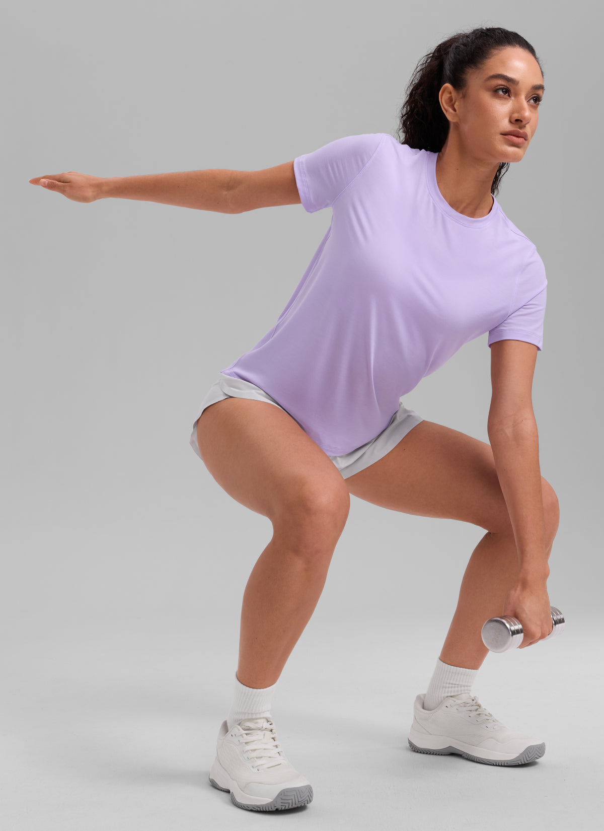 CRZ YOGA Women's Quick Dry Workout Crewneck Hip Length Short Sleeve Lavender Frost