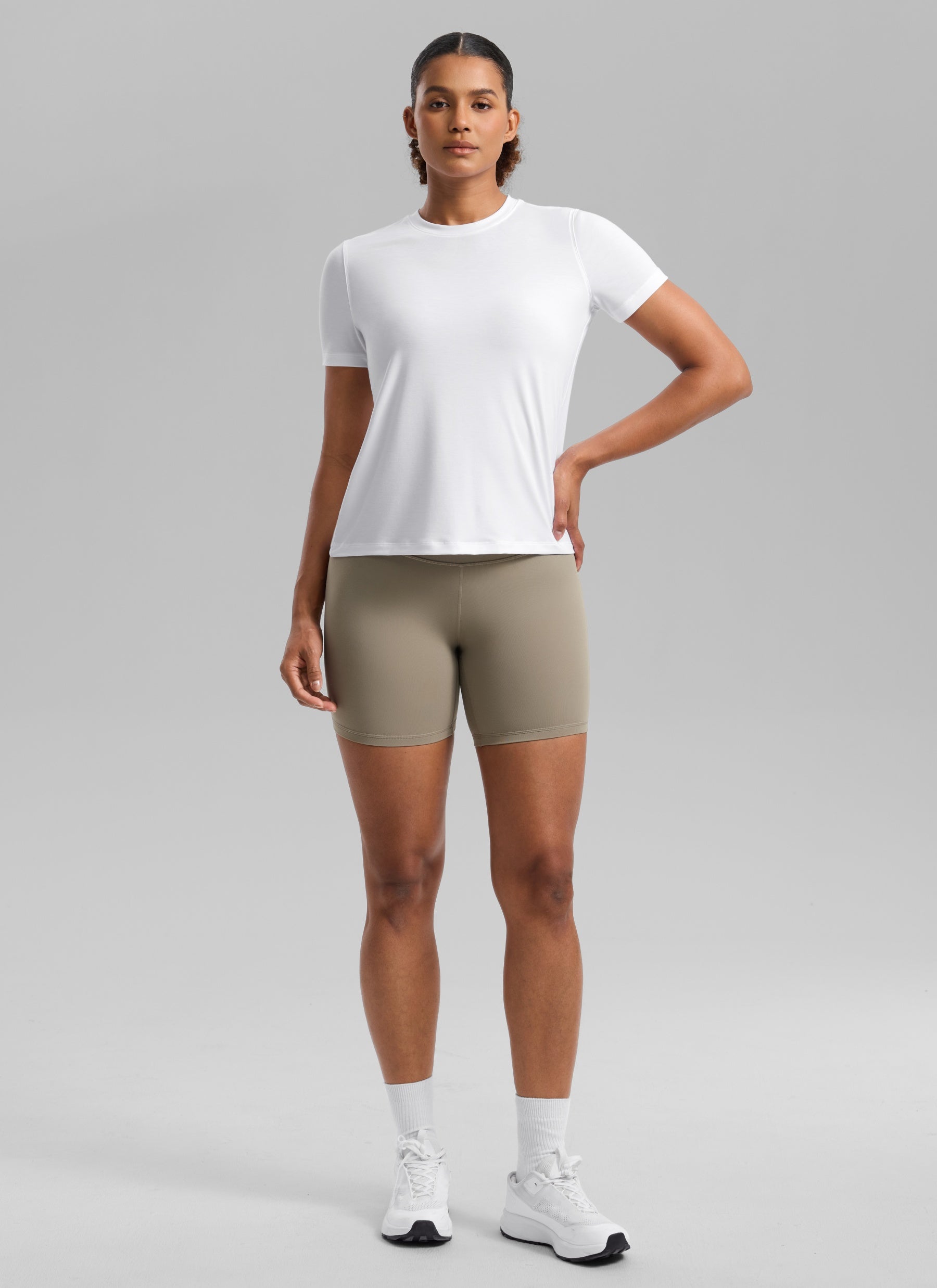 CRZ YOGA Women's Quick Dry Workout Crewneck Hip Length Short Sleeve White