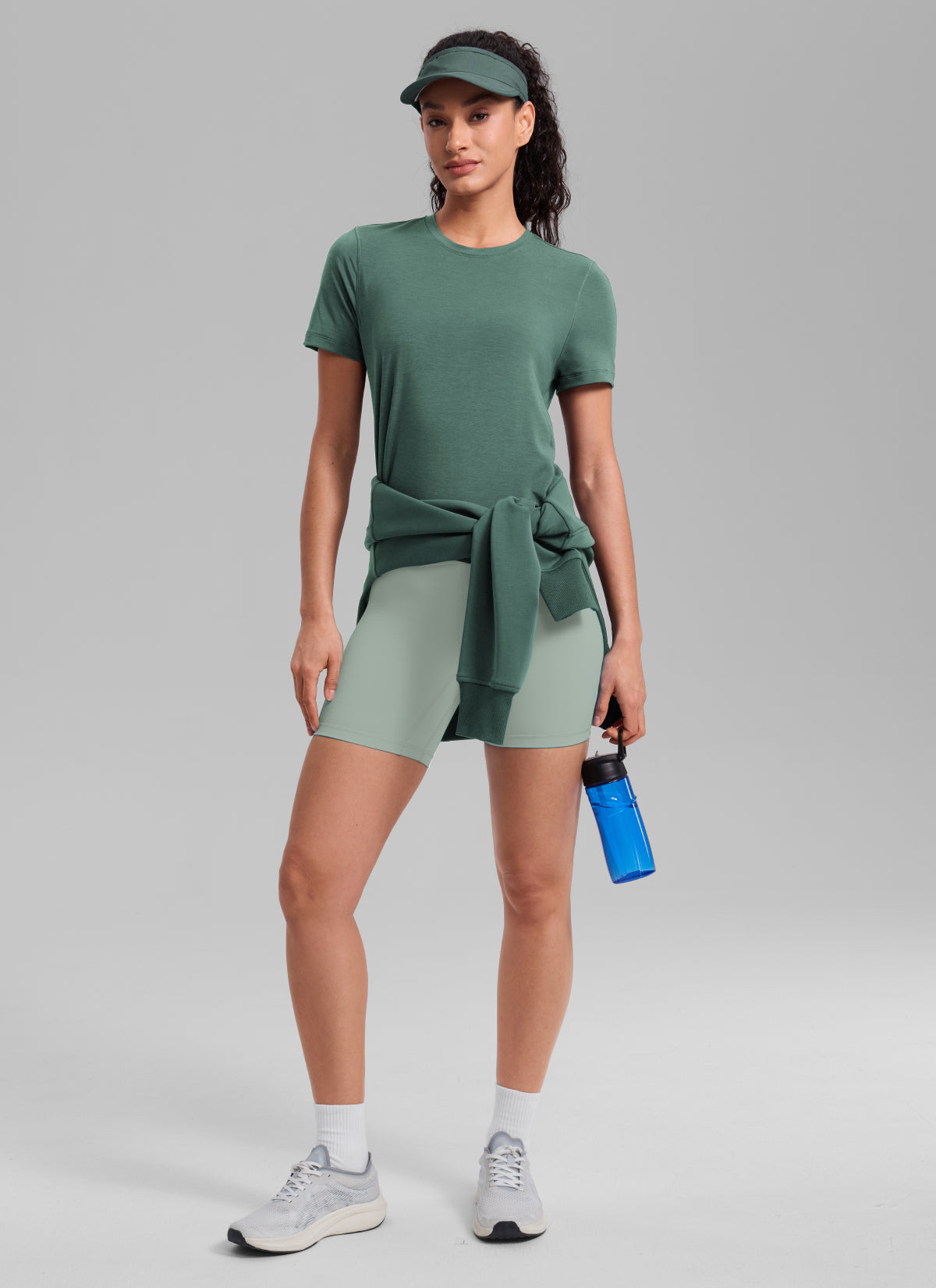 CRZ YOGA Women's Quick Dry Workout Crewneck Hip Length Short Sleeve Graphite Green