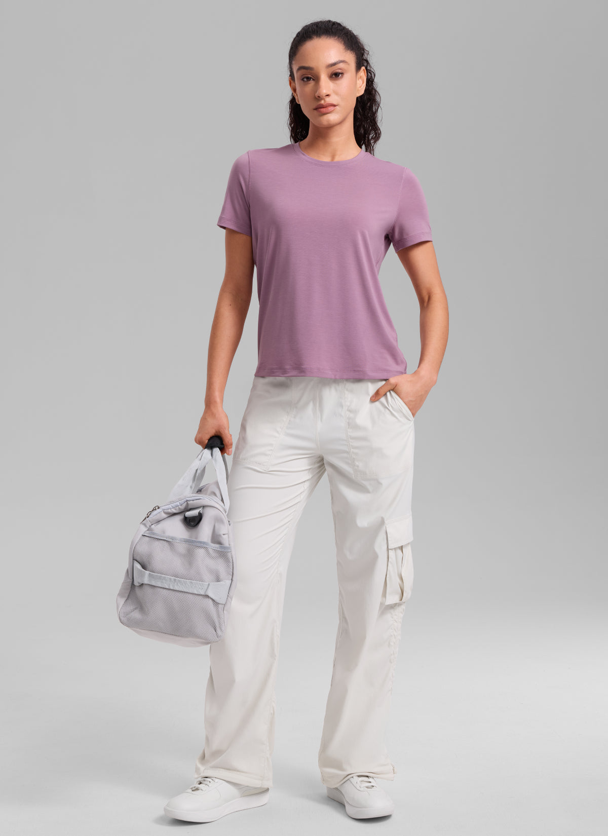CRZ YOGA Women's Quick Dry Workout Crewneck Hip Length Short Sleeve Light Lavender
