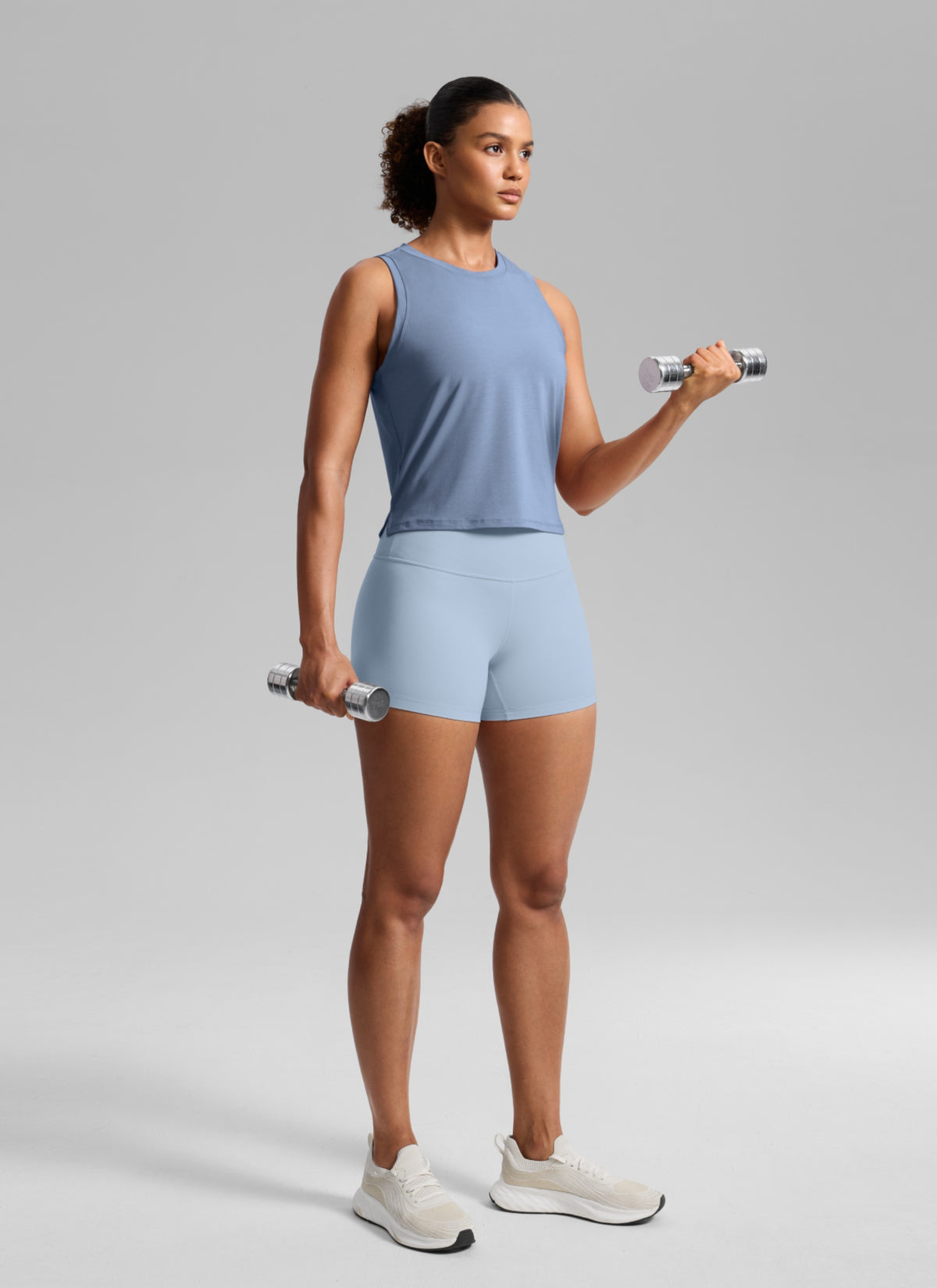 CRZ YOGA Women's Quick Dry Crop Racerback Sleevesless Tank Tops Washed Denim @model_info:B