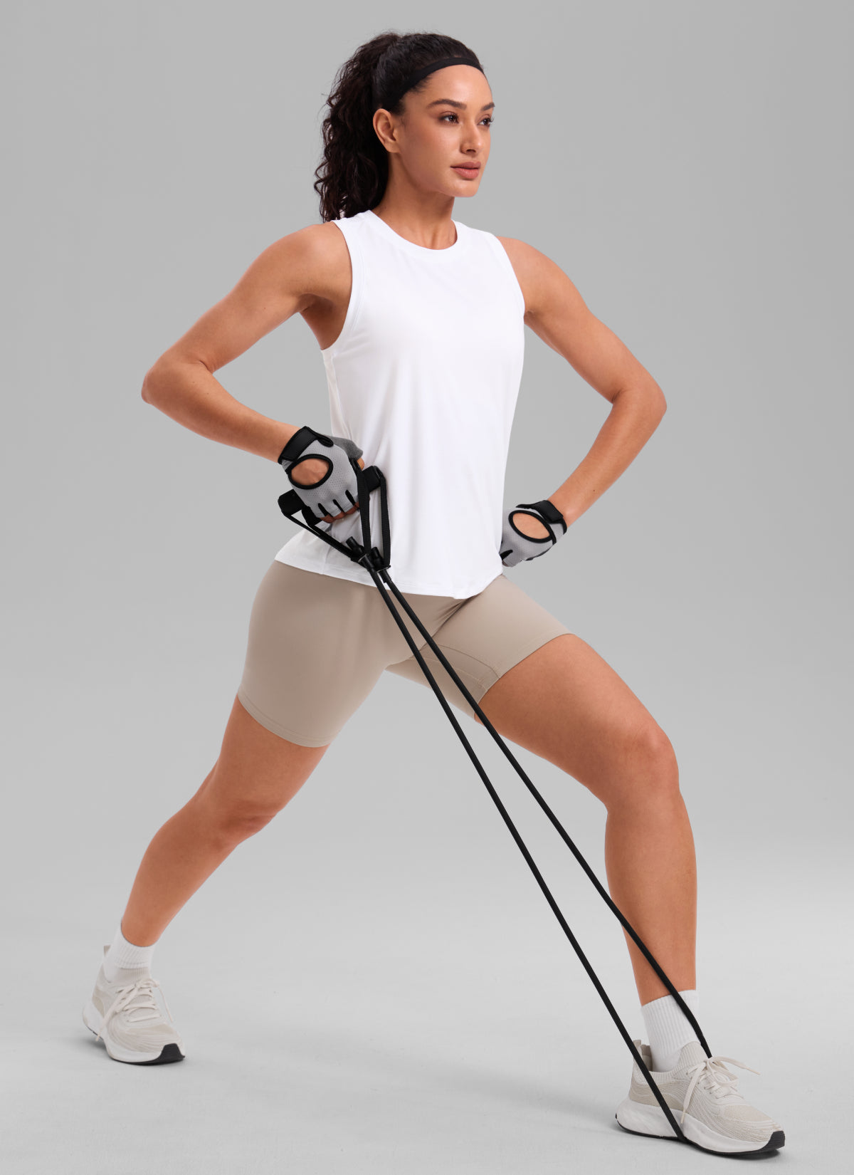CRZ YOGA Women's Quick Dry Workout Crew Neck Racerback Hip Length Tank White @model_info:Larissa