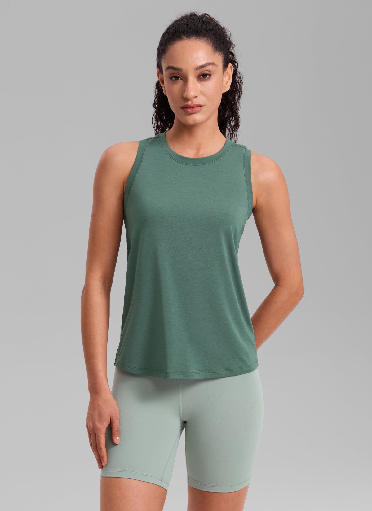 CRZ YOGA Women's Quick Dry Workout Crew Neck Racerback Hip Length Tank Graphite Green